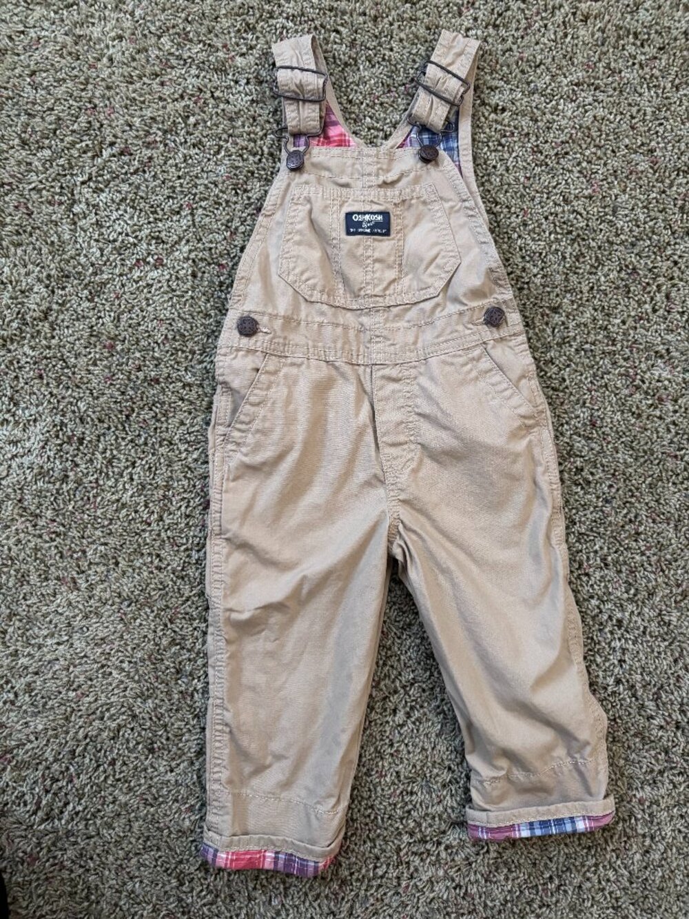 OshKosh B'gosh Baby Toddler Lightweight Plaid-Lined Khaki Canvas Overalls - 2T